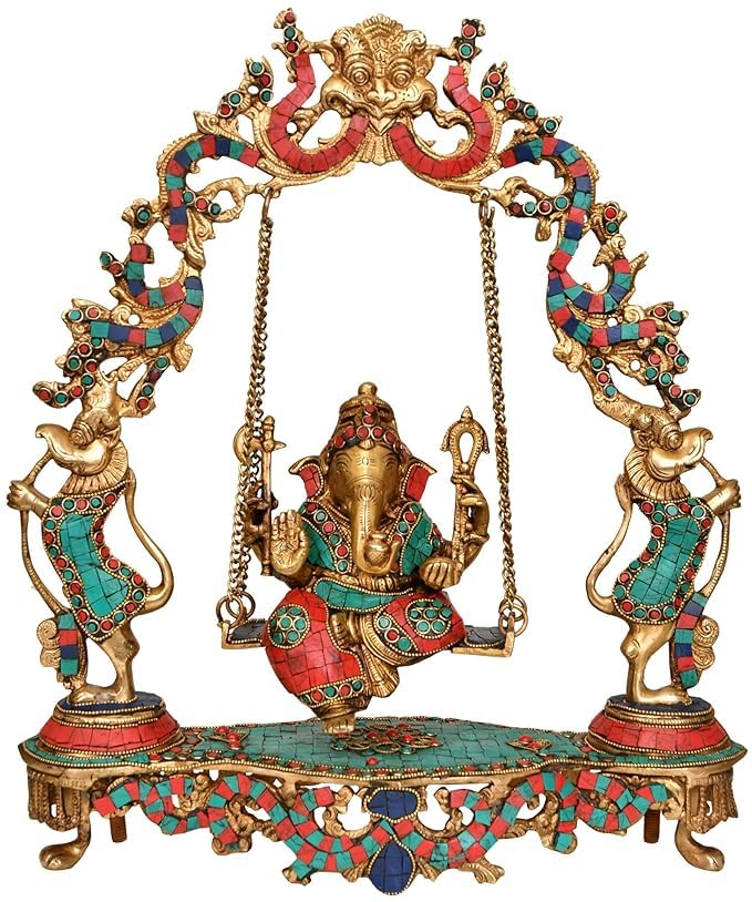 indiancraftsbykanika Brass Ganesh Statue on Swing with Stone Work Home Decor, Big Size/Gift Item, Brown